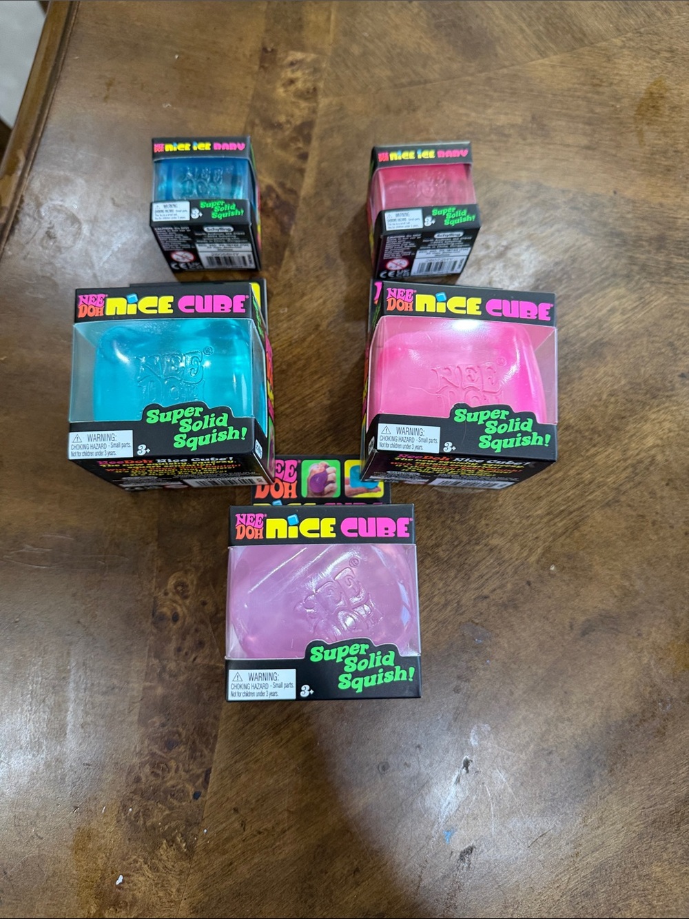 Authentic NEE DOH Nice Cube Squishy Toy - Pink, Blue, Purple 5 pieces.